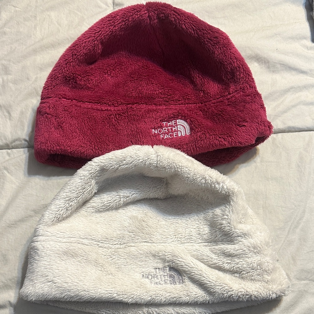 The North Face Burgundy and Light Gray Fleece Beanies